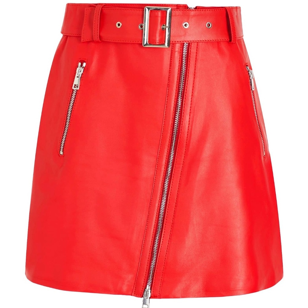 Red 100% Lambskin Leather Biker Mini Skirt with Belt and Zip Details